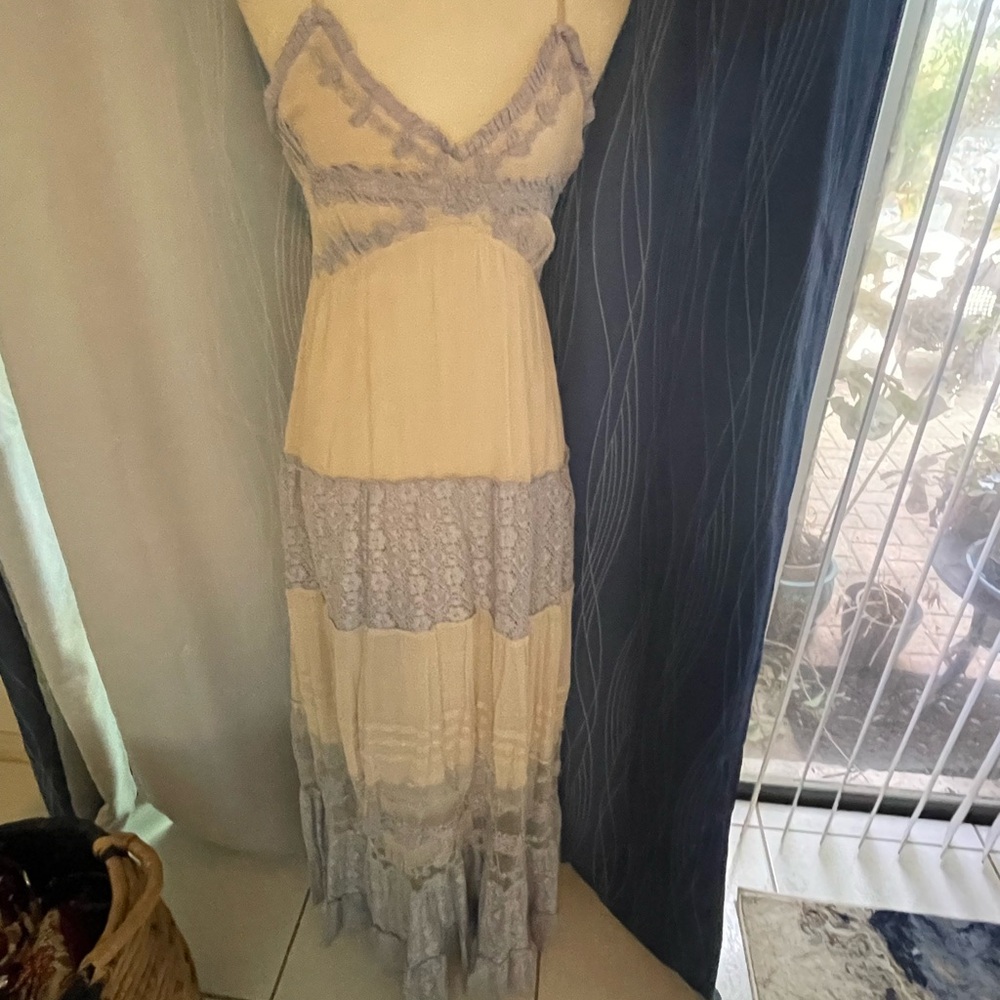 Anthropologie Cream Lace-Trim Maxi Dress